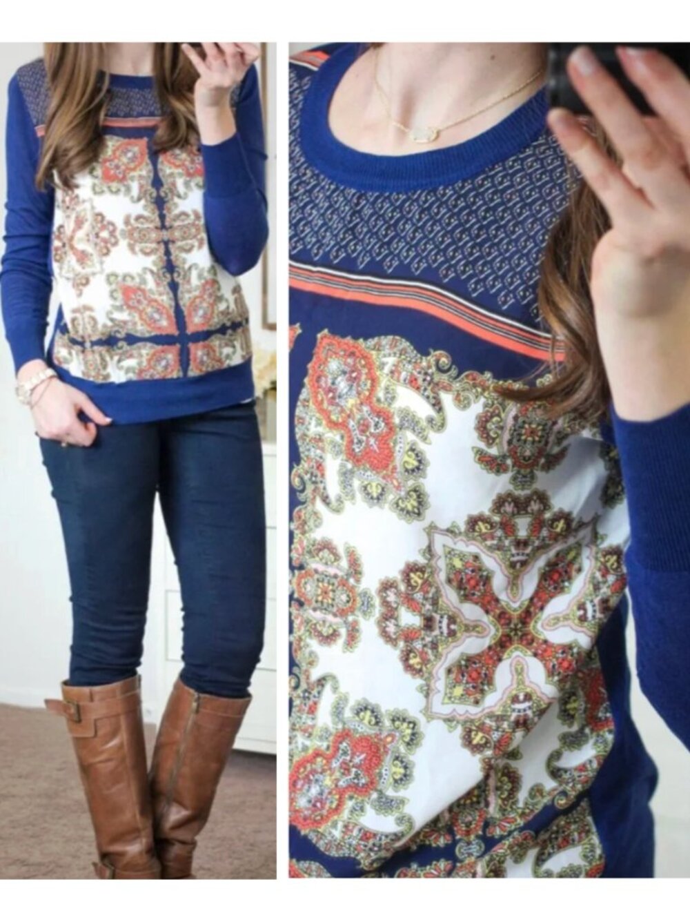 41 HAWTHORN Zappo Printed Mixed Material Sweater Navy Blue Cream Coral Boho M